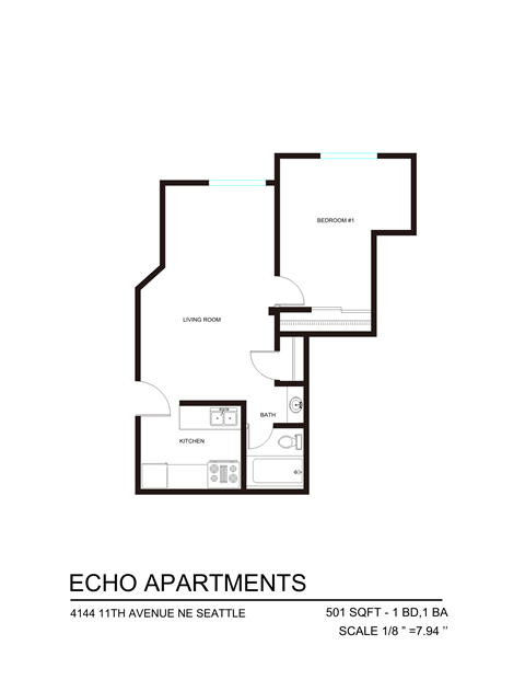 Floor plan for 1 bed, 1 bath, 445 sqft